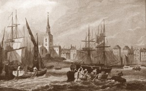 Shipping in the Pool of London, with St Mary's Rotherhithe right by the river, 