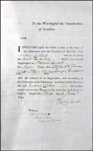 Andrew Cuthell's Freedom of the City of London application in 1843, indicating his apprenticeship to his 