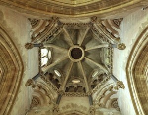 The underside of the steeple. The dark circle in the centre is a trapdoor (larger than it looks!) , through which bells can be lowered for any necessary maintenance (Brian Belton)