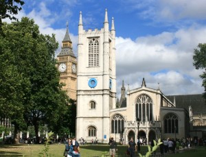 St Margaret's Westminster, the venue of many society weddings. Big Ben, clocktower of the Palace of Westminster is in the left hand background (Geograph, copyright 