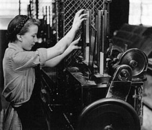 Rene printing railway tickets in Dorking (Ranmore Archive)